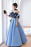 Satin Sweetheart With Bow Long Party Dress, Blue A Line Prom Dress Evening Dress HZ0509
