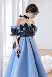 Satin Sweetheart With Bow Long Party Dress, Blue A Line Prom Dress Evening Dress HZ0509
