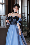 Satin Sweetheart With Bow Long Party Dress, Blue A Line Prom Dress Evening Dress HZ0509
