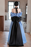 Satin Sweetheart With Bow Long Party Dress, Blue A Line Prom Dress Evening Dress HZ0509