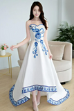 White Satin With Flowers Embroidery Party Dresses, High Low Graduation Dresses HZ0509