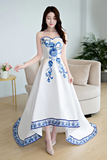 White Satin With Flowers Embroidery Party Dresses, High Low Graduation Dresses HZ0509