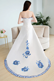 White Satin With Flowers Embroidery Party Dresses, High Low Graduation Dresses HZ0509