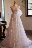 Line Off Shoulder Lace Tulle Pink Long Prom Dress, Pink Long Evening Dress HZ0509