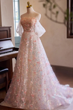 Line Off Shoulder Lace Tulle Pink Long Prom Dress, Pink Long Evening Dress HZ0509