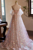 Line Off Shoulder Lace Tulle Pink Long Prom Dress, Pink Long Evening Dress HZ0509