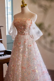 Line Off Shoulder Lace Tulle Pink Long Prom Dress, Pink Long Evening Dress HZ0509