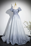 Gradient Short Sleeve Part Dress, A Line Blue Formal Evening Dress HZ0509