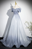 Gradient Short Sleeve Part Dress, A Line Blue Formal Evening Dress HZ0509