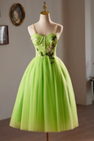Green Lace Flower Short Party Dress, Lovely Spaghetti Straps Sleeveless Backless Evening Dress HZ0509