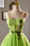 Green Lace Flower Short Party Dress, Lovely Spaghetti Straps Sleeveless Backless Evening Dress HZ0509