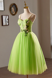 Green Lace Flower Short Party Dress, Lovely Spaghetti Straps Sleeveless Backless Evening Dress HZ0509