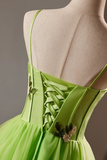 Green Lace Flower Short Party Dress, Lovely Spaghetti Straps Sleeveless Backless Evening Dress HZ0509