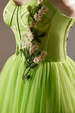 Green Lace Flower Short Party Dress, Lovely Spaghetti Straps Sleeveless Backless Evening Dress HZ0509