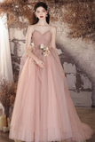 Line V Neck Tulle Flower Pink Long Prom Dress, Pink Long Evening Dress HZ0509