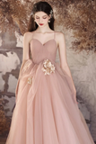 Line V Neck Tulle Flower Pink Long Prom Dress, Pink Long Evening Dress HZ0509