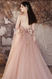 Line V Neck Tulle Flower Pink Long Prom Dress, Pink Long Evening Dress HZ0509