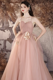 Line V Neck Tulle Flower Pink Long Prom Dress, Pink Long Evening Dress HZ0509