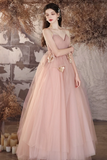 Line V Neck Tulle Flower Pink Long Prom Dress, Pink Long Evening Dress HZ0509