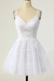 V Neckline White Tulle With Lace Graduation Dress, White Short Party Dress HZ0509