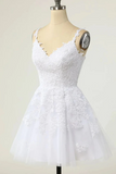 V Neckline White Tulle With Lace Graduation Dress, White Short Party Dress HZ0509