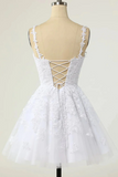 V Neckline White Tulle With Lace Graduation Dress, White Short Party Dress HZ0509