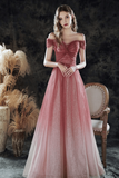 Tulle Off Shoulder Long Party Dress, Line Tulle Prom Dress HZ0509
