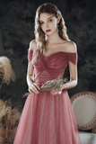 Tulle Off Shoulder Long Party Dress, Line Tulle Prom Dress HZ0509