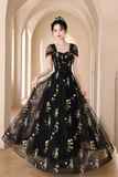Floral Tulle Floor Length Prom Dress, Off the Shoulder Evening Party Dress HZ0509