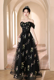 Floral Tulle Floor Length Prom Dress, Off the Shoulder Evening Party Dress HZ0509