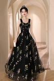 Floral Tulle Floor Length Prom Dress, Off the Shoulder Evening Party Dress HZ0509