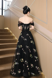 Floral Tulle Floor Length Prom Dress, Off the Shoulder Evening Party Dress HZ0509