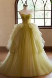Line Sweetheart Neck Tulle Green Long Prom Dress, Green Long Formal Dress HZ0509