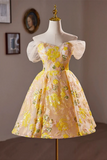 Line Off Shoulder Tulle Lace Short Yellow Prom Dress, Yellow Homecoming Dress HZ0509