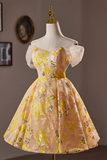 Line Off Shoulder Tulle Lace Short Yellow Prom Dress, Yellow Homecoming Dress HZ0509