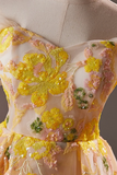 Line Off Shoulder Tulle Lace Short Yellow Prom Dress, Yellow Homecoming Dress HZ0509