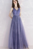 Tulle Purple V Neckline Long Formal Dress, Shiny Tulle Low Back Wedding Party Dress HZ0509