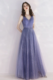 Tulle Purple V Neckline Long Formal Dress, Shiny Tulle Low Back Wedding Party Dress HZ0509