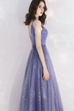 Tulle Purple V Neckline Long Formal Dress, Shiny Tulle Low Back Wedding Party Dress HZ0509