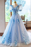 Appliques Lace Flower Floor Length Prom Dresses, V Neck Short Sleeve Evening Dress HZ0509