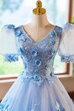 Appliques Lace Flower Floor Length Prom Dresses, V Neck Short Sleeve Evening Dress HZ0509