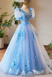 Appliques Lace Flower Floor Length Prom Dresses, V Neck Short Sleeve Evening Dress HZ0509