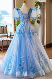 Appliques Lace Flower Floor Length Prom Dresses, V Neck Short Sleeve Evening Dress HZ0509