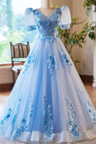 Appliques Lace Flower Floor Length Prom Dresses, V Neck Short Sleeve Evening Dress HZ0509