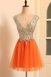 V Neck Open Back Orange Short Prom Homecoming Dresses, Short Orange Formal Evening Dresses HZ0509