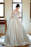 Satin Long Prom Wedding Dress, Off the Shoulder Formal Evening Dress HZ0509