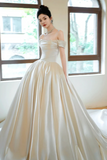 Satin Long Prom Wedding Dress, Off the Shoulder Formal Evening Dress HZ0509