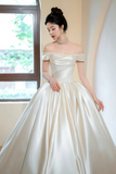Satin Long Prom Wedding Dress, Off the Shoulder Formal Evening Dress HZ0509