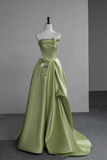 Satin A Line Party Dress With Flowers, Green Long Prom Dress HZ0509