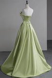 Satin A Line Party Dress With Flowers, Green Long Prom Dress HZ0509